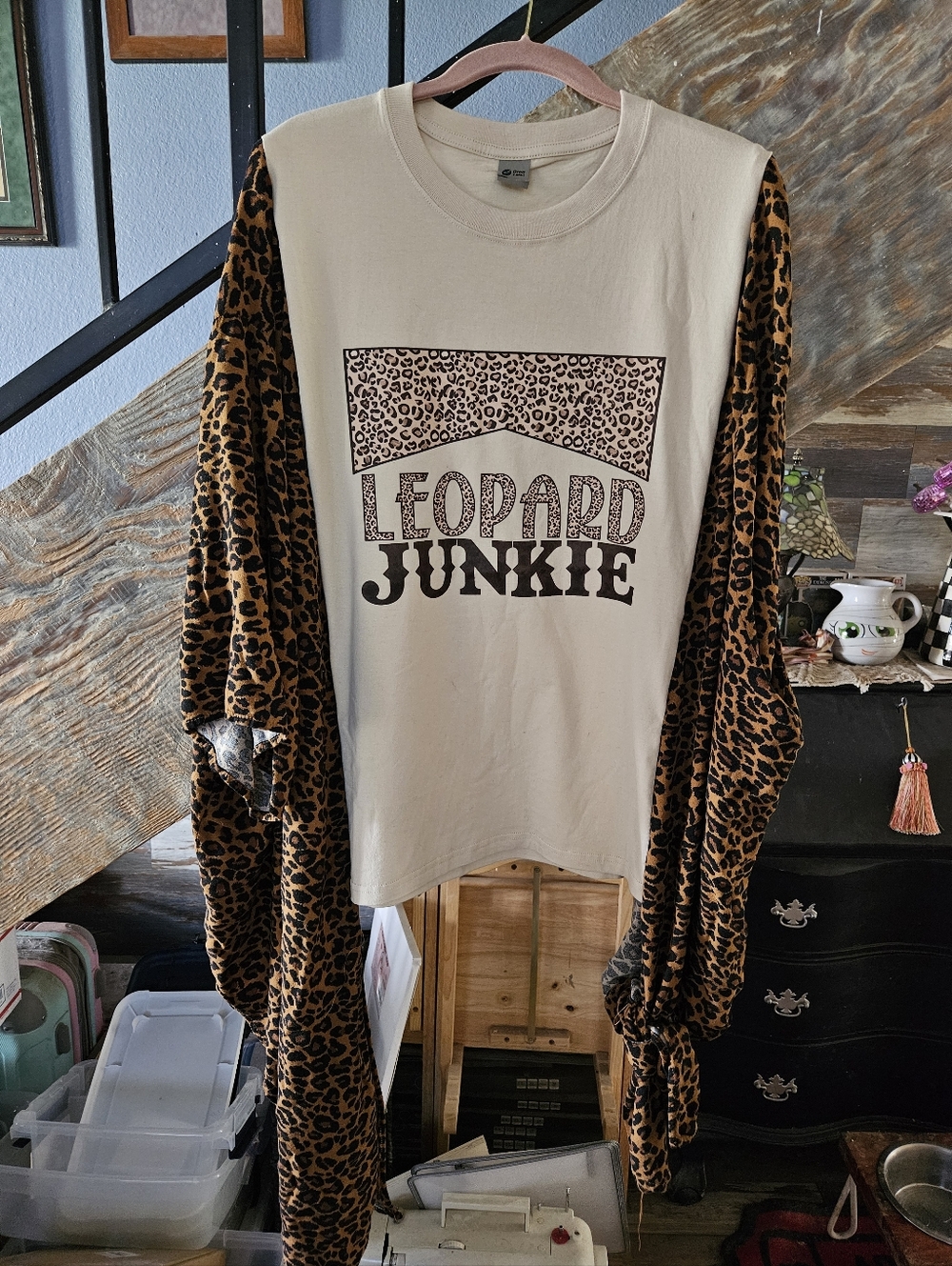 Leopard Junkie Graphic Tee Upcycled with Leopard Print Kimono Sleeves